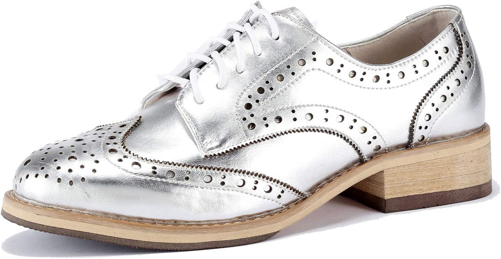 Women's Perforated Lace-up Wingtip Multicolor Leather Flat Oxfords Vintage Oxford Shoes | Amazon (US)