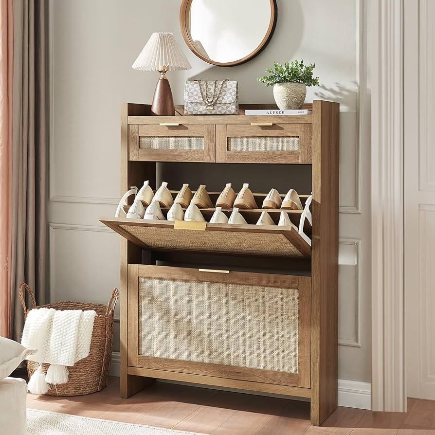 Rattan Shoe Storage Cabinet with 2 Drawers & 2 Flip Drawers – Hidden Slim Shoe Organizer for En... | Amazon (US)