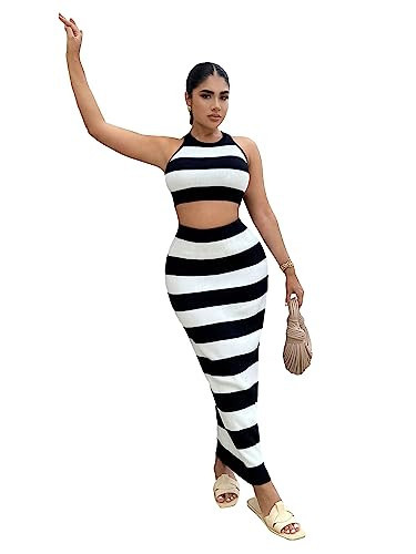 GORGLITTER Women's 2 Piece Outfit Color Block Striped Halter Top and Ribbed Knit Bodycon Maxi Skirt Set Black and White Medium | Amazon (US)