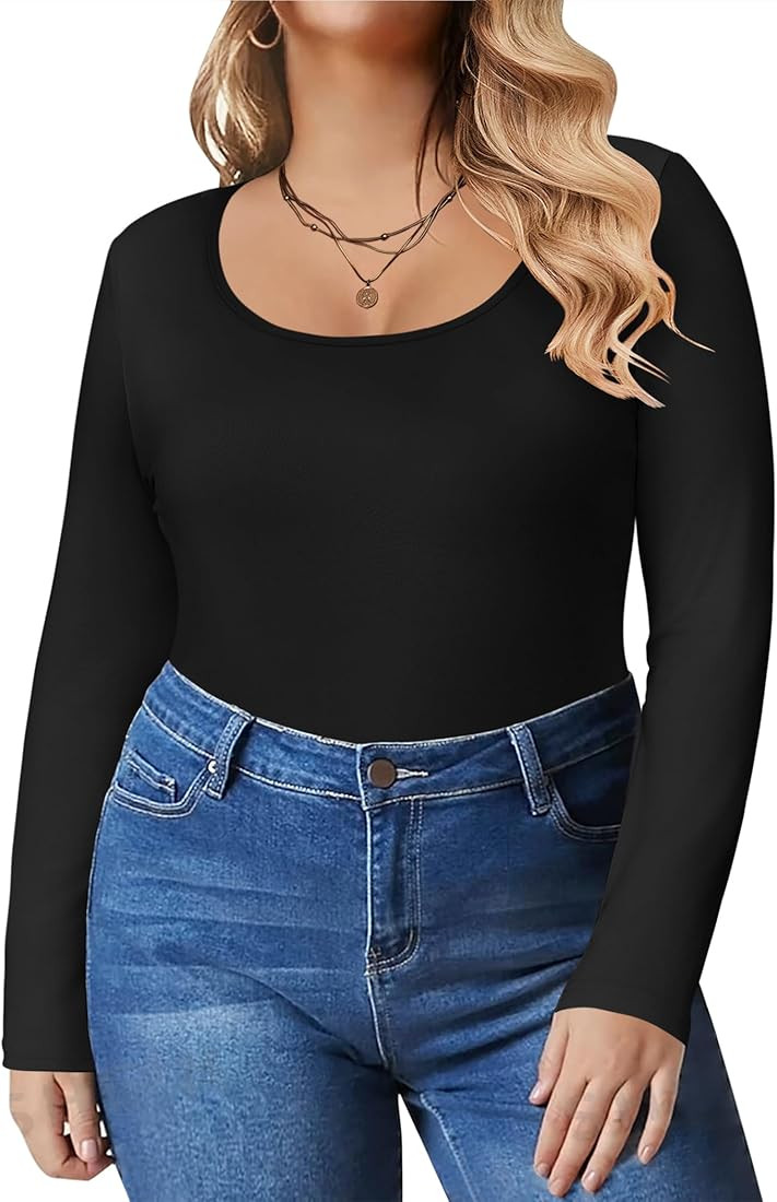IN'VOLAND Women's Plus Size Long Sleeve Shirts Scoop Neck Slim Fitted T Shirt Stretchy Bodycon Ba... | Amazon (US)