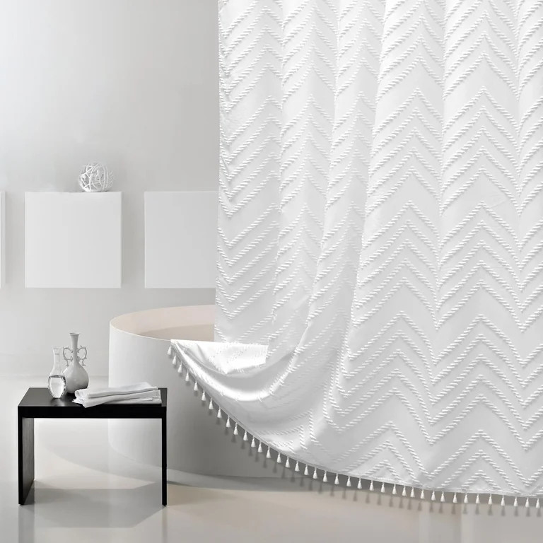 Siiluminisoy Boho White Shower Curtain Set with Hook, Fabric Tufted Chevron Striped Textured Tass... | Walmart (US)