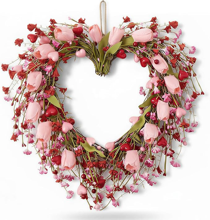 Valentines Day Wreath, Valentines Heart Wreaths for Front Door Decor, Pink Tulip Wreath with Hear... | Amazon (US)
