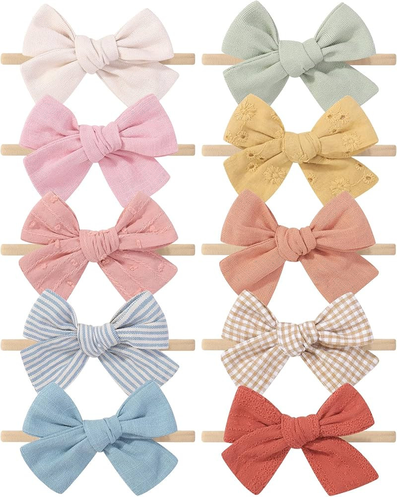doboi 10PCS Baby Girls Headbands Hair Bows Nylon Cotton Linen Hairbands Handmade Hair Accessories... | Amazon (US)