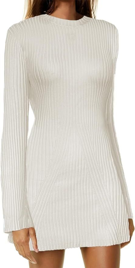 AnotherChill Womens Sweater Dress Ribbed Knit Short Mini Dresses Long Sleeve Crewneck Causal 2023... | Amazon (US)