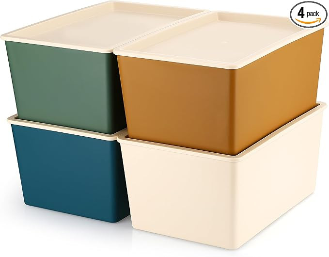 4 Pcs Storage Bins with Lids Plastic Containers Stackable Storage Box Baskets for Organizing Shel... | Amazon (US)