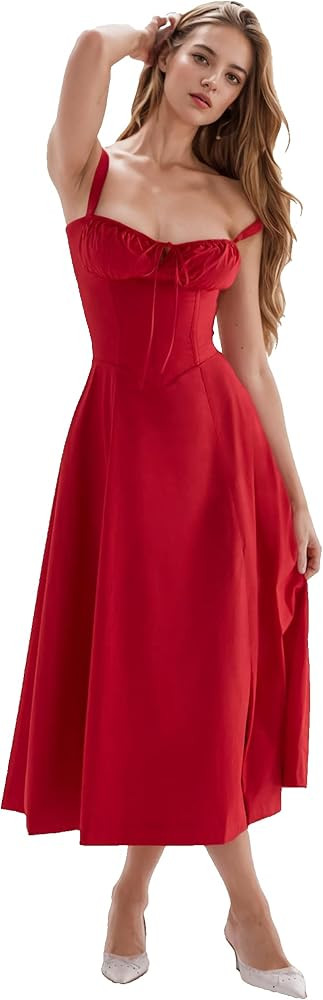 Women Floral Corset Dress, Boho Summer Spaghetti Straps Square Neck Casual Midi Dress Flowy Slit ... | Amazon (US)