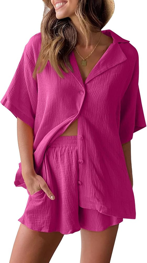 AUTOMET 2 Piece Outfits For Women Lounge Sets Pajama Sets Long Sleeve Button Down Oversized Shirt... | Amazon (US)