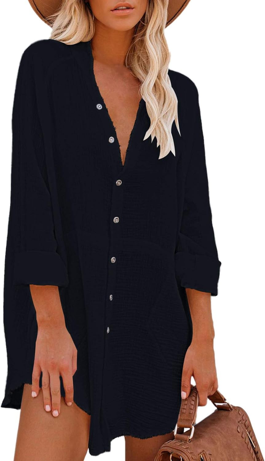 Pink Queen Women V Neck Long Sleeve Button Down Blouse Tunic Shirt Mini Dress with Pockets | Amazon (US)