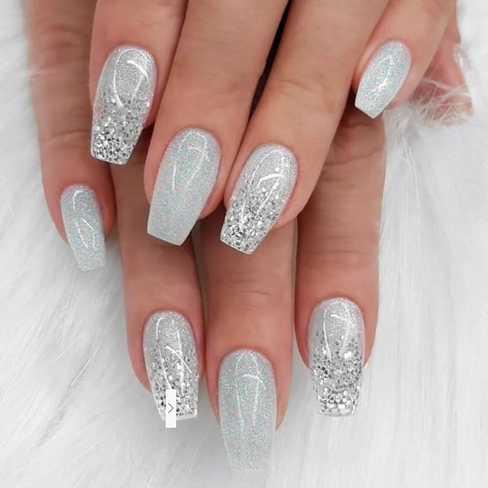 Medium Press on Nails Coffin False Nails Art Full Cover Acrylic Silver Gradient Fake Nails for Wo... | Amazon (US)