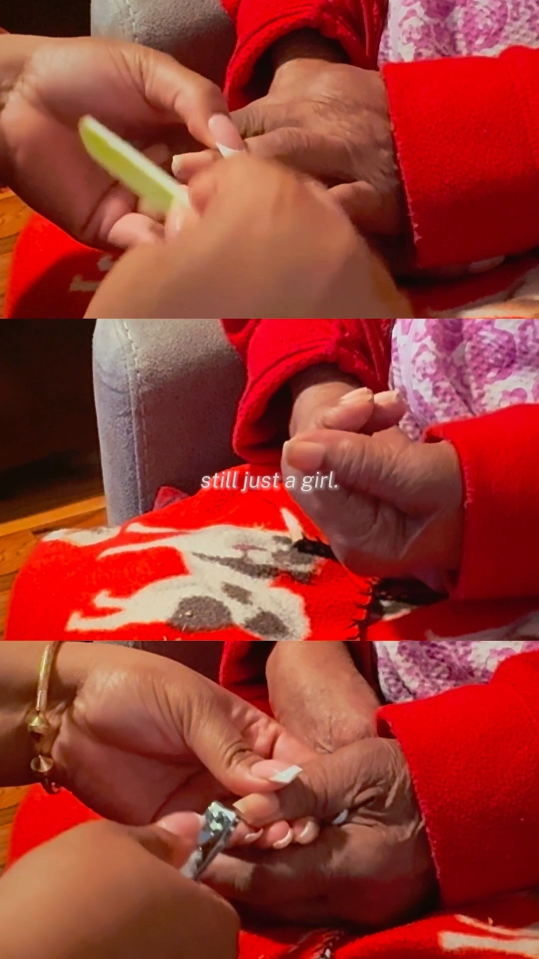 Even now, as pain settles into her joints, there’s a tenderness in her hands that time can’t erase.

These hands have held so much life. They’ve carried seven children, lifted four generations, crossed oceans and boroughs, stitched clothes, and healed bodies. 

A lifetime of labor and love lives in her bones. As I cut and file her nails, I’m reminded that her hands tell the entire story: strength, sacrifice, womanhood, and motherhood. But through it all… she’s still just a girl.

)Caregiver, caregiving, elderly care, senior care, manicure, diy manicure, maintenance day)

#LTKOver40 #LTKselfcare #LTKmomlife