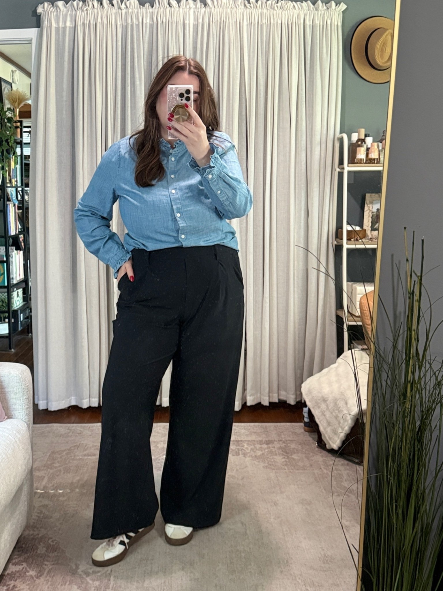 Easy wfh outfit (can also be worn in-office). A chambray button-down instantly elevates wide-leg pants while keeping the overall look comfortable. Perfect for days filled with video calls and focused work blocks.

Outfit details:
J.crew Factory chambray ruffle button-down top (size XL, TTS)
Kohls FLX pull-on tricot trousers (size XL, TTS)
Adidas VL Court 3.0 women’s shoes (size 8, TTS

Accessories:
Pavoi necklace and magnet Apple Watch band

#LTKdayinmylife #LTKootd #LTKWorkwear