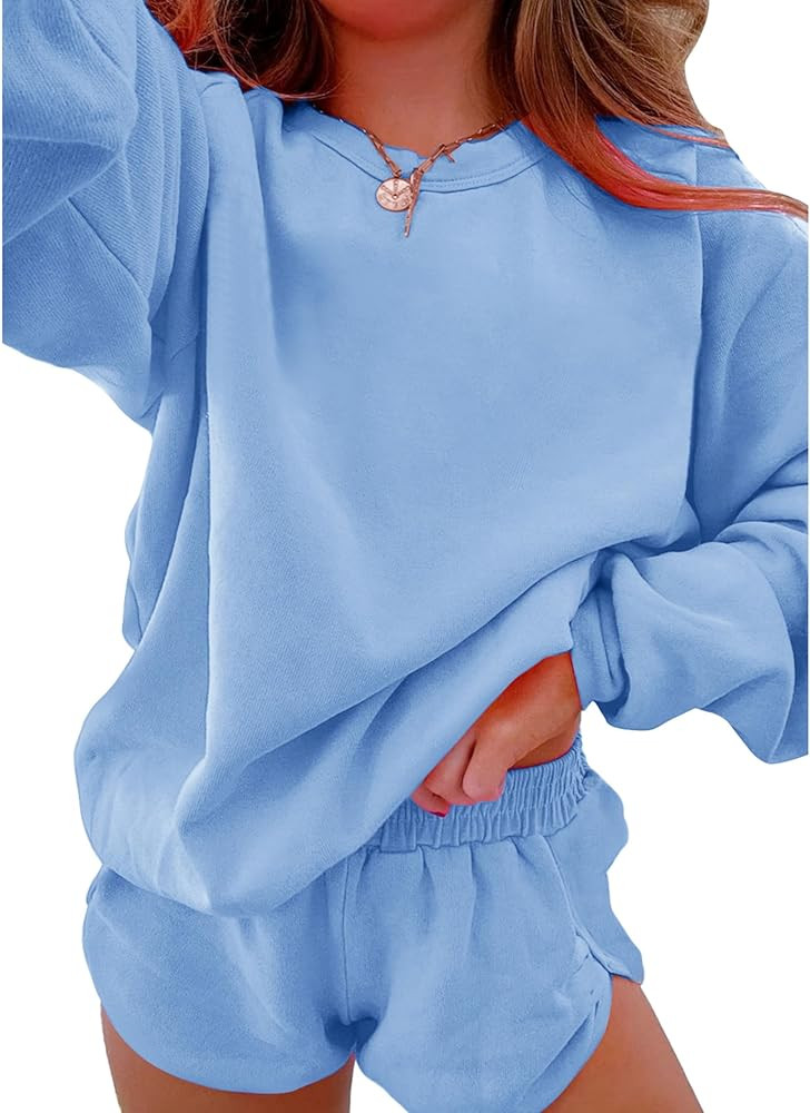 SELINK Women 2 Piece Outfits Sweatsuit Casual Long Sleeve Pullover and Shorts Sets Travel Tracksu... | Amazon (US)