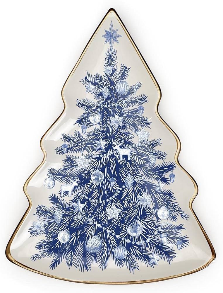 Two's Company Blue and White Christmas Tree Shaped Dish, Ceramic Christmas Tree Shaped Platter - ... | Amazon (US)