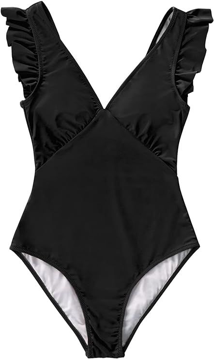 CUPSHE Women's One Piece Swimsuit V Neck Ruched Ruffle Shoulder Swimwear Bathing Suits | Amazon (US)