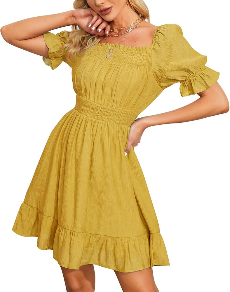 EXLURA Women's Smocked Square Neck Puff Short Sleeve Mini Dress Off Shoulder High Waist Summer Short | Amazon (US)