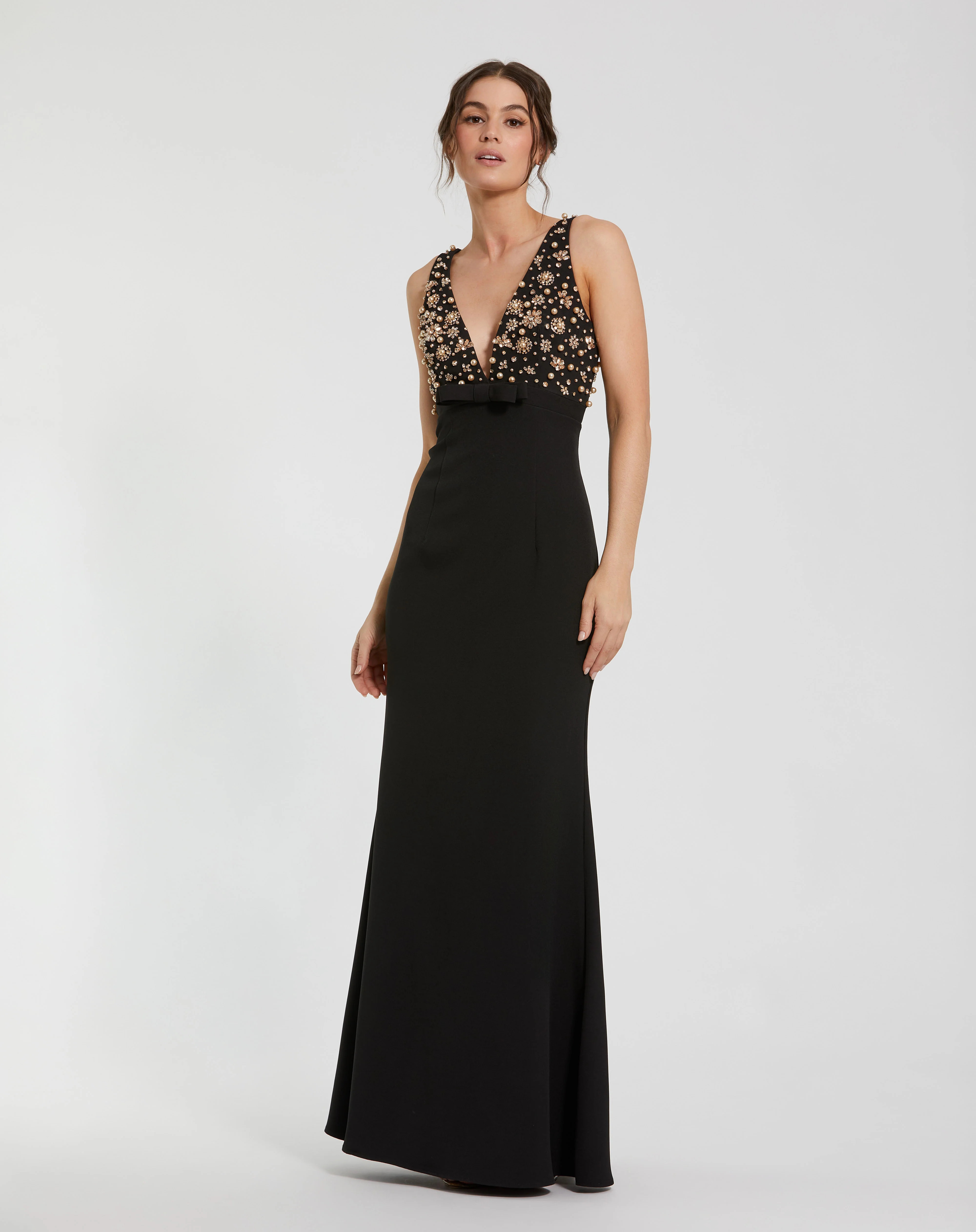 Black Crepe Sleeveless Beaded V Neck Gown With Bow - Mac Duggal | Mac Duggal