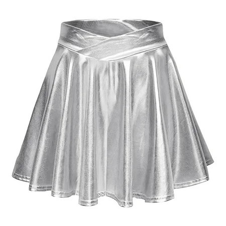YOUSNH Women s Fashion High Waist Pleated Solid Color Short Skirt Loose Skirt Metallic Skater Skirt Sparkly Shiny Flared Pleated A Line Mini Skort Womens Skirt Silver M | Walmart (US)