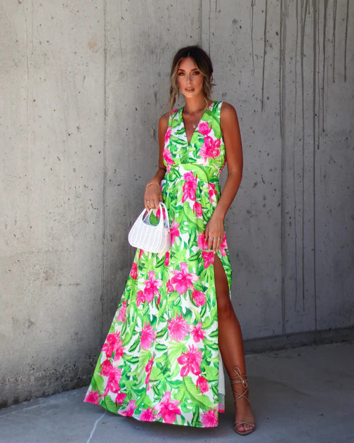 Dallie Floral Maxi Dress - Green/Pink | VICI