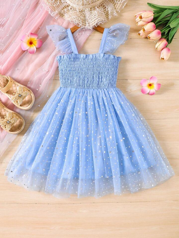 SHEIN Blossomsprite Kids Wedding Anniversary Young Girl Summer Ruffle Edge Mesh Hem Small Cap Sle... | SHEIN
