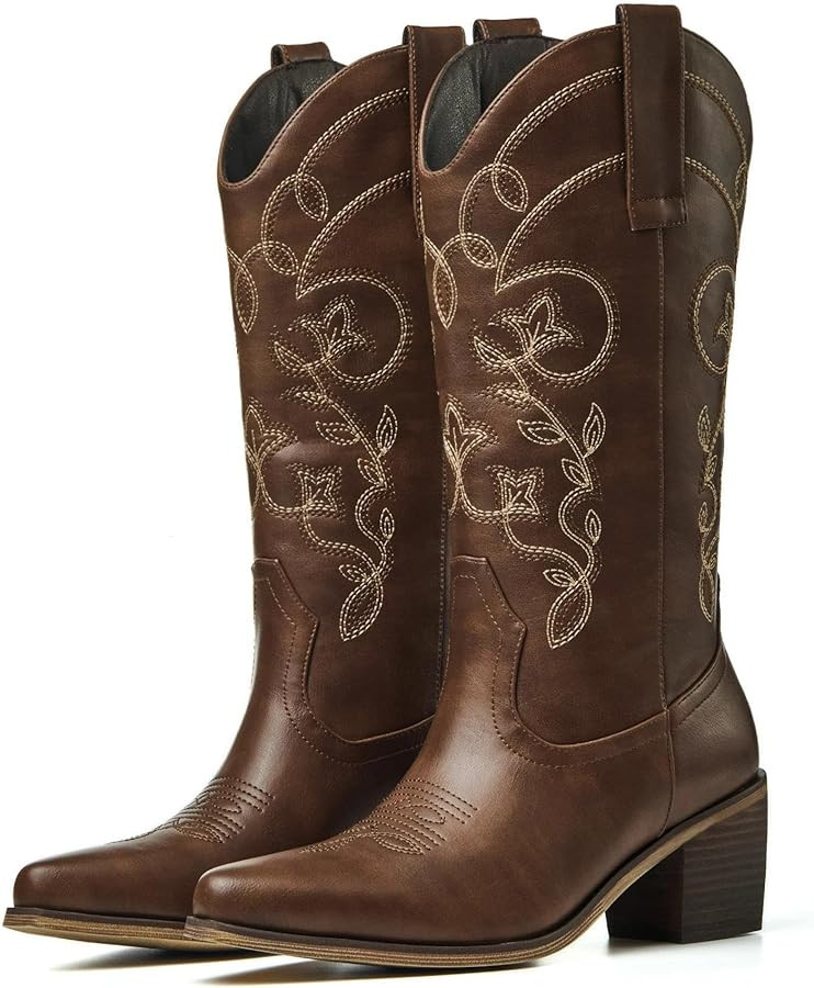Cowboy Boots for Women Mid Calf - Cowgirl Boots with Pointed Toe and Chunky Heel for All-Day Comf... | Amazon (US)