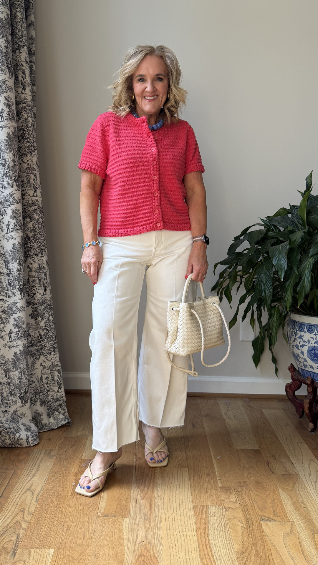 Pink + white is the summer combo I’ll never get tired of 🫶🏻

These white cropped jeans paired with this textured pink cardigan make the perfect chic casual outfit for brunch, shopping, vacation, or everyday wear. The neutral sandals and woven bag complete the look effortlessly! 

 #LTKootd #LTKSeasonal #LTKOver40