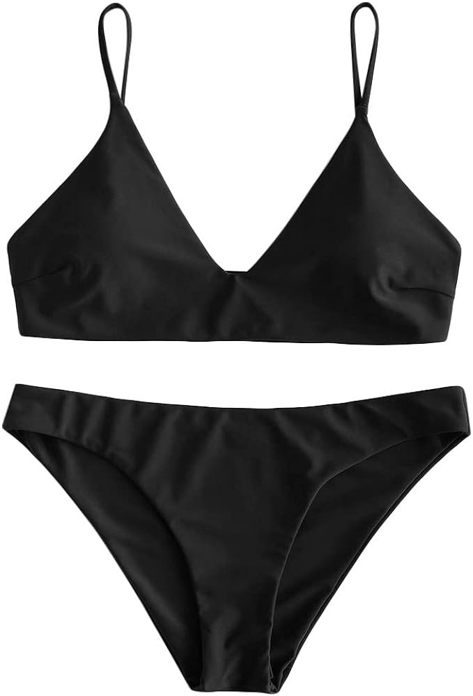 ZAFUL Women's Solid Spaghetti Strap Black Bikini Top Black Bikini Set Black Swimsuit Amazon Bikini | Amazon (US)