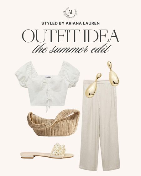 Outfit Idea summer edit 🙌🏻🙌🏻

Linen pa ts, summer top, 
Woven bag, slide sandals, earrings 

#LTKTravel #LTKStyleTip #LTKSeasonal