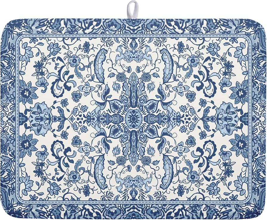 Chinoiserie Floral Dish Drying Mat for Kitchen Counter Blue and White Flowers Pattern Dish Drying... | Amazon (US)