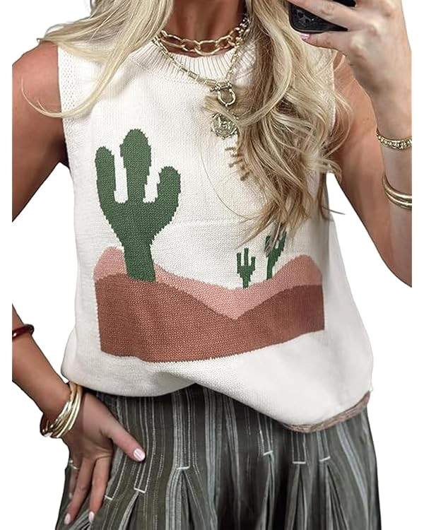 SELINK Womens Western Print Tank Tops Basic Cactus Oasis Loose Sweater Vest Casual Sleeveless Rou... | Amazon (US)