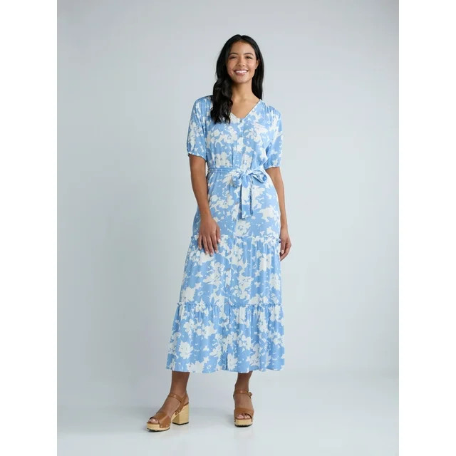 Time and Tru Women's Crinkle Maxi Dress with Short Sleeves, Sizes XS-XXXL | Walmart (US)