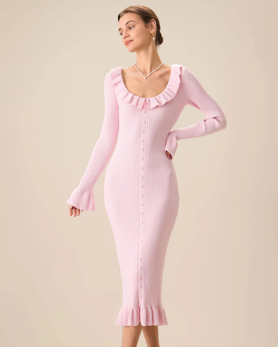 Women's Pink U-Neck Ruffle Bodycon Sweater Dress | rihoas.com