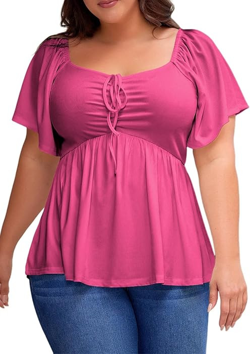 Eytino Womens Plus Size Tops Short Sleeve Sweetheart Neck Shirred Peplum Blouse Shirts(1X-5X) | Amazon (US)