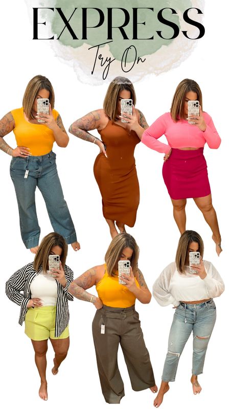 Jeans 14R 
Orange bodysuit L 
Brown dress M 
Pink dress L 
Green shorts 14 
White tank L 
Stripe Shirt M 
Green pants 14R 
Orange tank M 
White top L 
Cropped Jean 12R

#express #midsize #dress #spring 

#LTKunder100 #LTKFind #LTKstyletip
