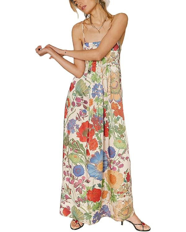 Amiblvowa Women Floral Maxi Dress Sexy Sleeveless Backless A-Line Long Flowy Dress Back Cut Out S... | Amazon (US)