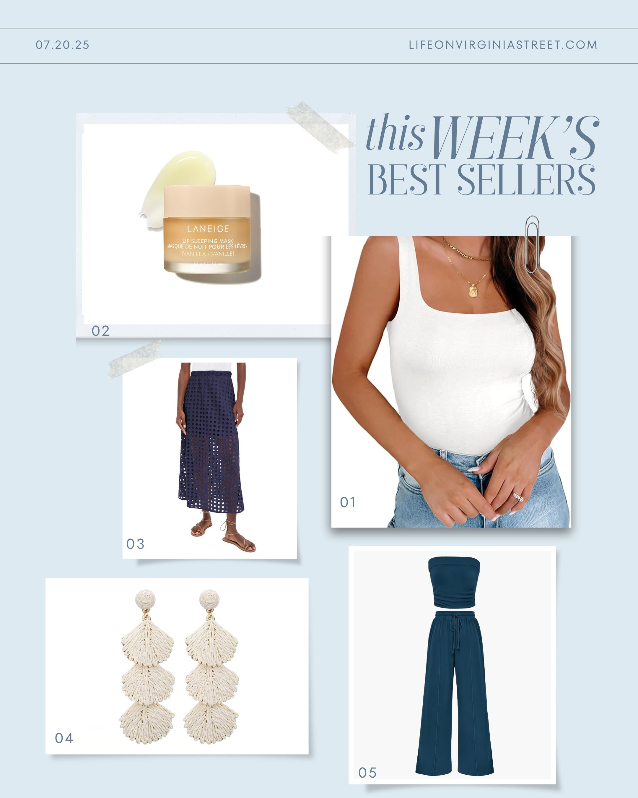 This week's bestsellers include a double-lined square-neck tank, the best lip balm for dry lips, a designer look-for-less eylet skirt, cute palm earrings, and a two-piece set that's perfect for travel or running errands! #ltkfindsunder50 #ltkfindsunder100 #ltkstyletip #ltkseasonal #ltksalealert #ltktravel #ltkbeauty #ltkover40 

 

#LTKSeasonal #LTKHome #LTKSaleAlert