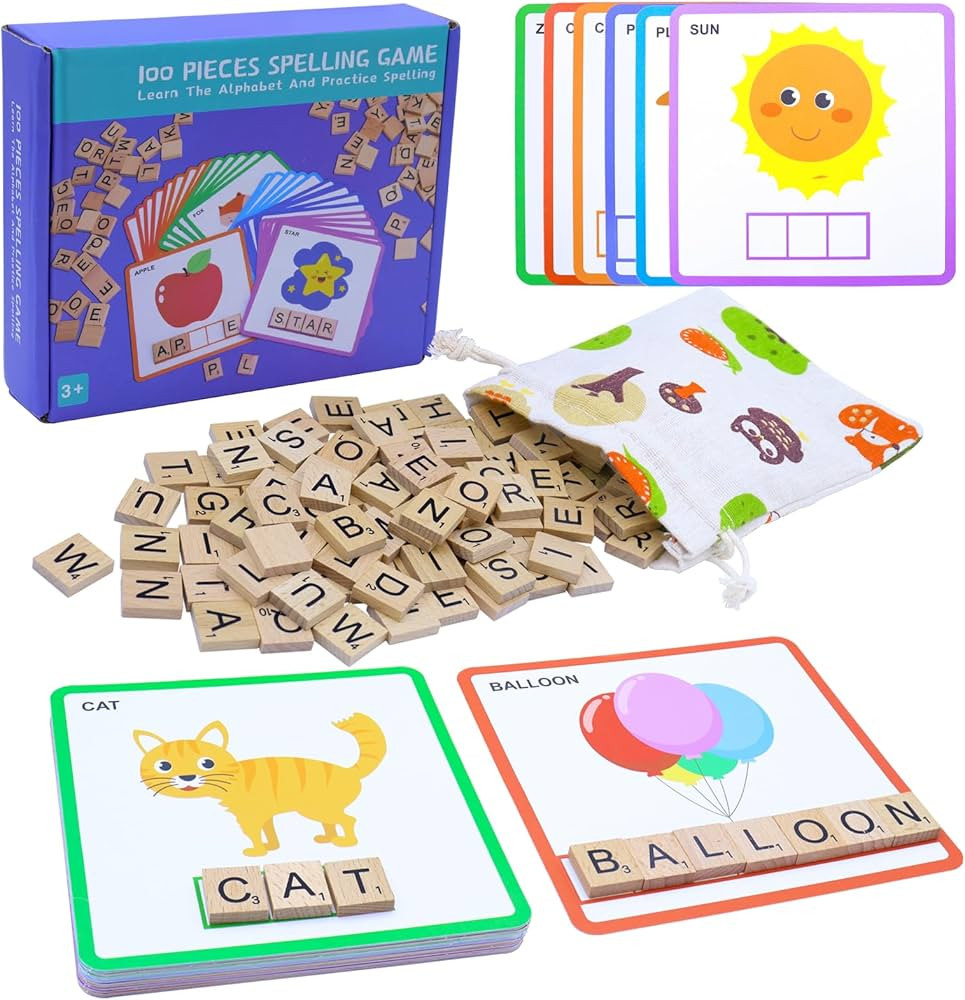 Spelling Games with 30 Double-Sided Flash Cards, 100Pcs Wooden Letters Sight Words Matching Game,... | Amazon (US)
