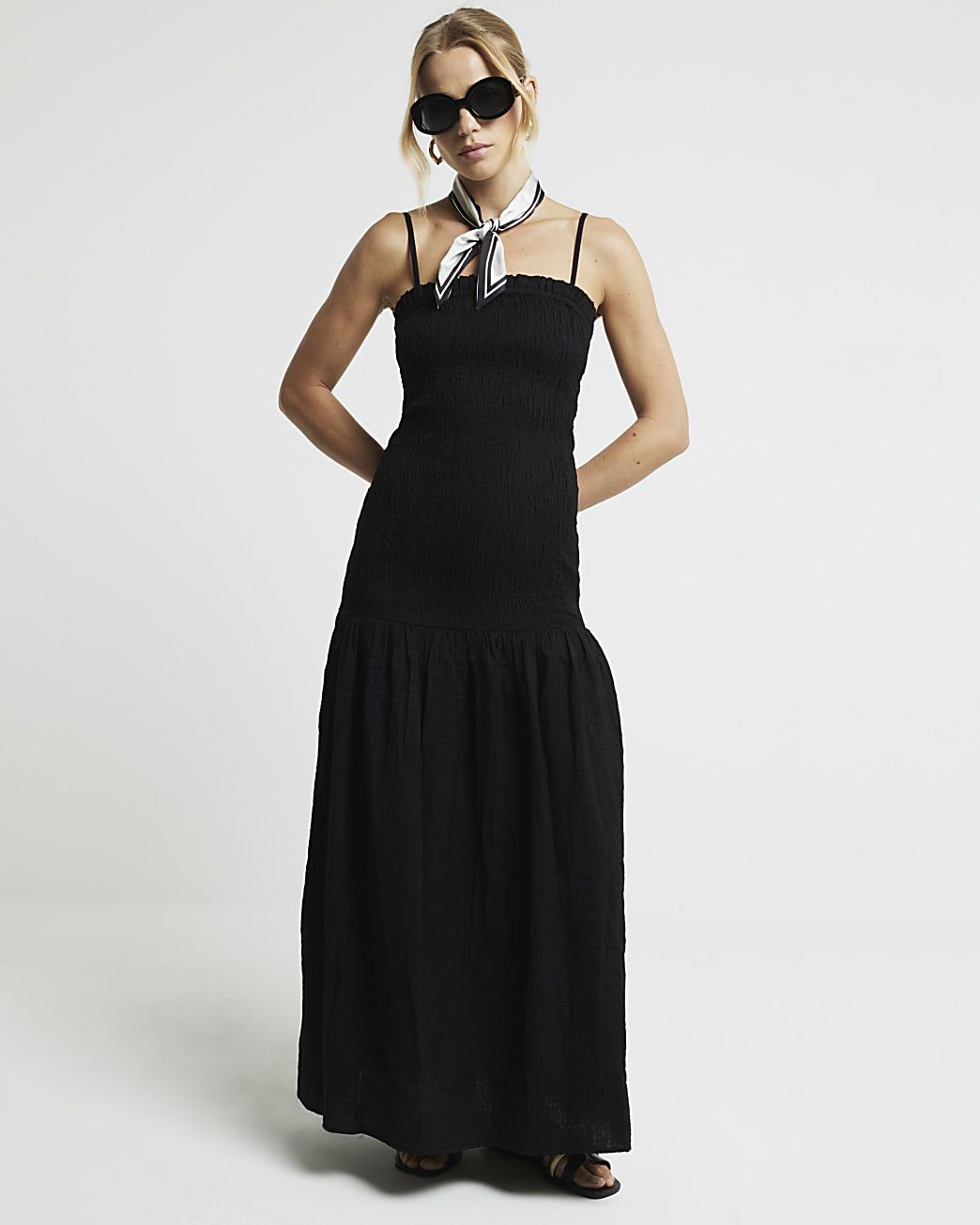 Black shirred bandeau maxi dress | River Island (UK & IE)