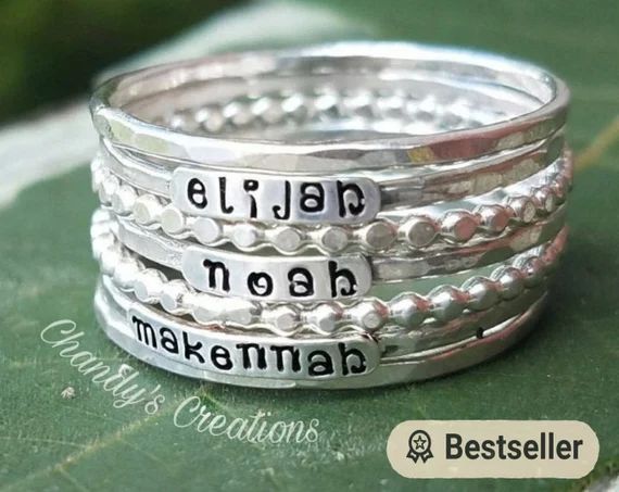 2mm-Sterling-Silver-Stackable-Name-Rings-Font-Mothers Ring-Push-Present-Stacking-Band-Customized-... | Etsy (US)