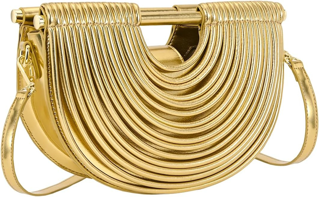 Half-Moon Gold Clutch Purse for Women Wedding Evening Handbag | Woven Shoulder Bag, Metallic Even... | Amazon (US)