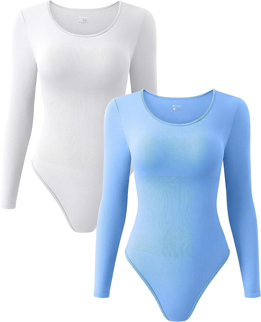 OQQ Women's 2 Piece Bodysuits Sexy Ribbed One Piece Crewneck Long Sleeve Bodysuit | Amazon (US)