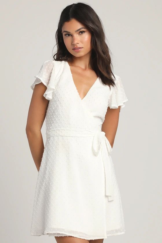 Much to Celebrate White Swiss Dot Flutter Sleeve Wrap Mini Dress | Lulus (US)