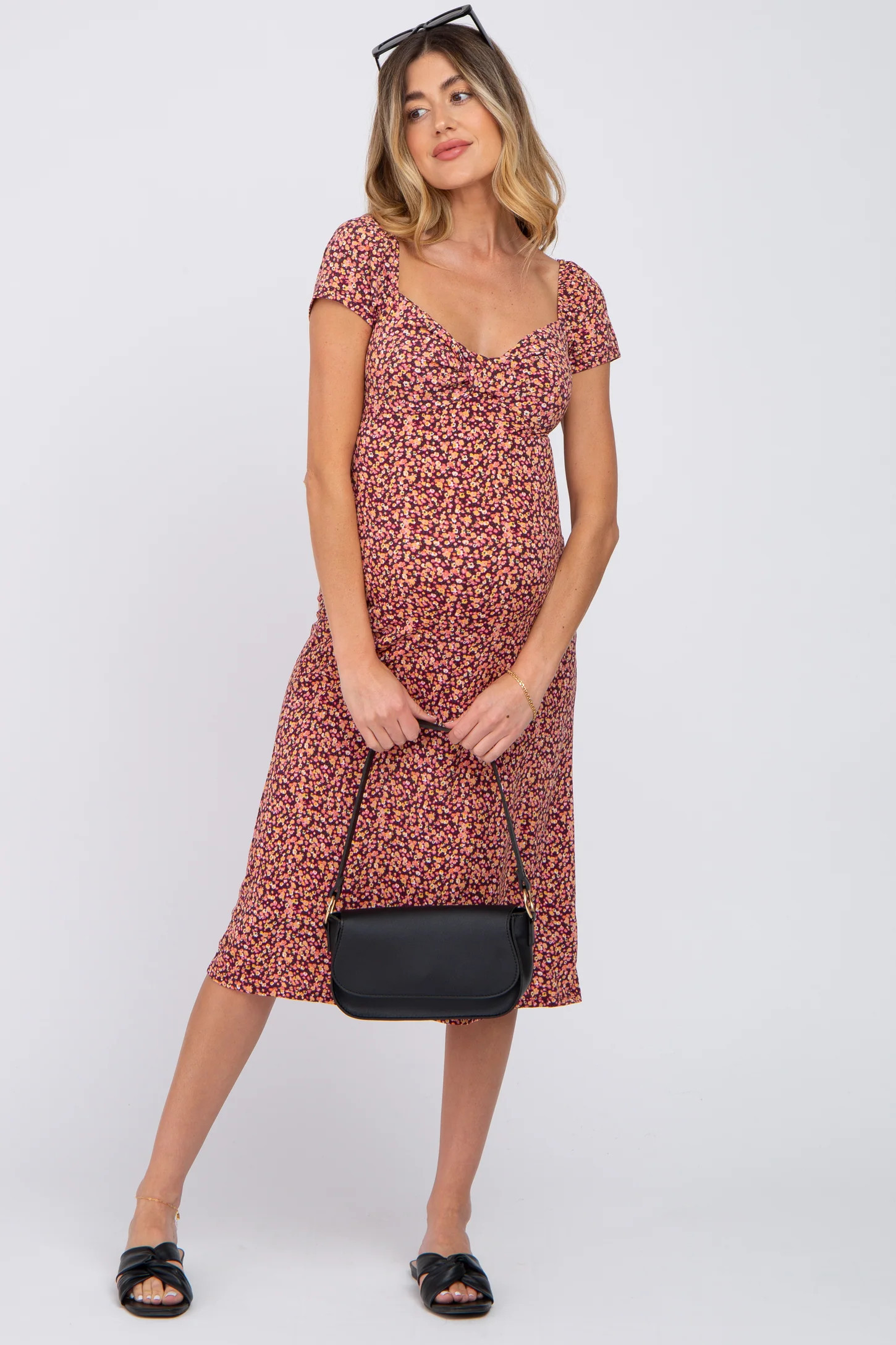 Mauve Floral Sweetheart Maternity Midi Dress | PinkBlush Maternity