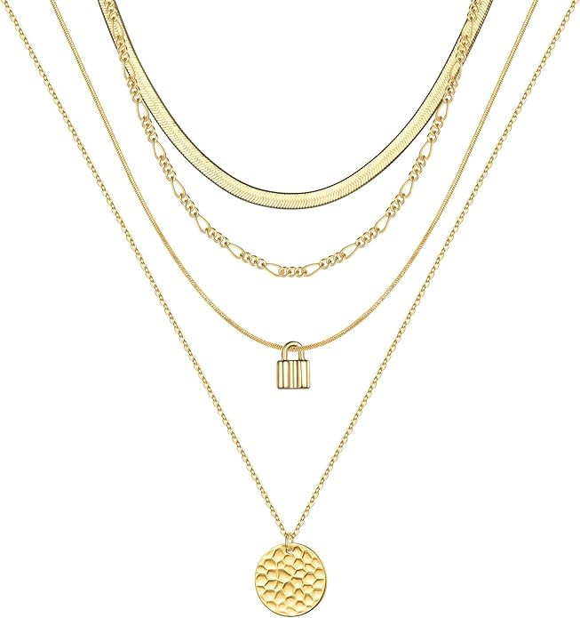 Turandoss Gold Layered Necklaces for Women - 14K Gold Plated Handmade Multilayer Bar Pearls Coin ... | Amazon (US)