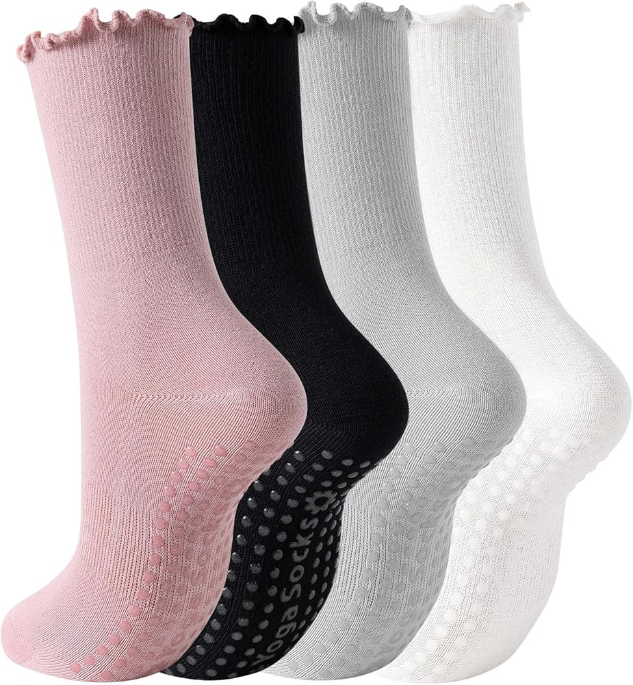 Yawlsow Pilates Grip Socks for Women, Ruffle Yoga Socks Non Slip, Cotton Crew Sports Socks for Ba... | Amazon (CA)