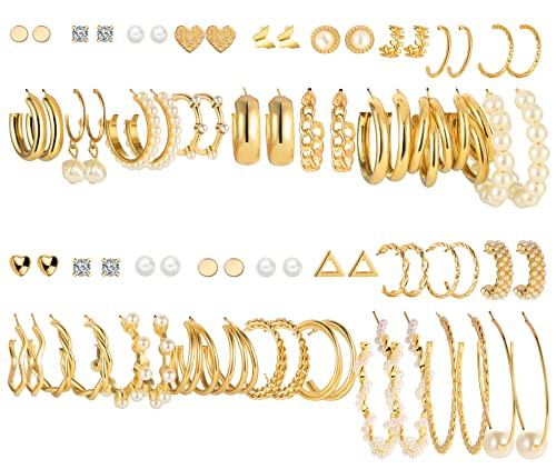 Amazon.com: 36 Pairs Gold Earrings Set for Women, Fashion Pearl Chain Link Stud Drop Dangle Earri... | Amazon (US)