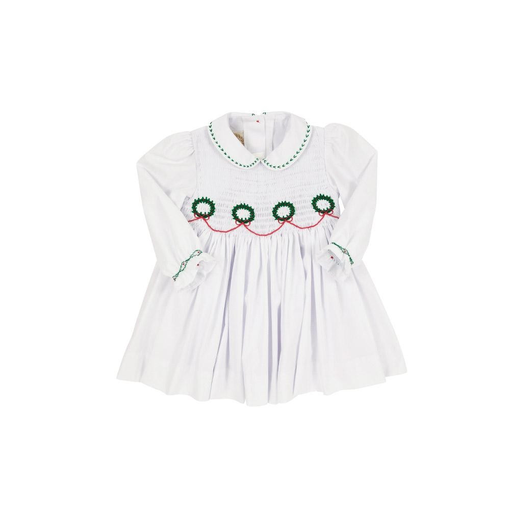 Long Sleeve Dottie Hart Dress - Worth Avenue White with Wreath Smocking | The Beaufort Bonnet Company
