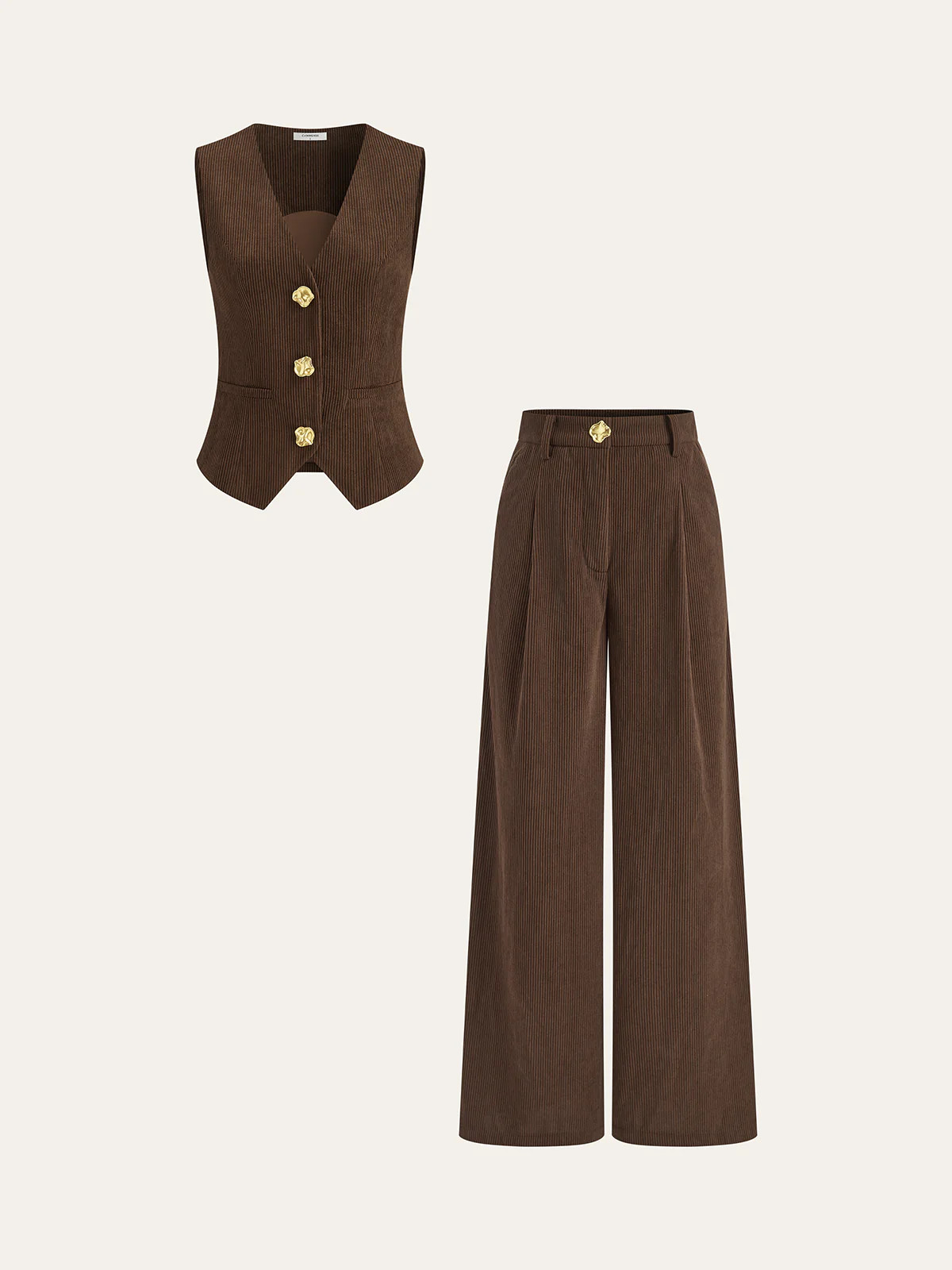 Corduroy Metal Button Vest & Wide-Leg Pants Sets | Commense