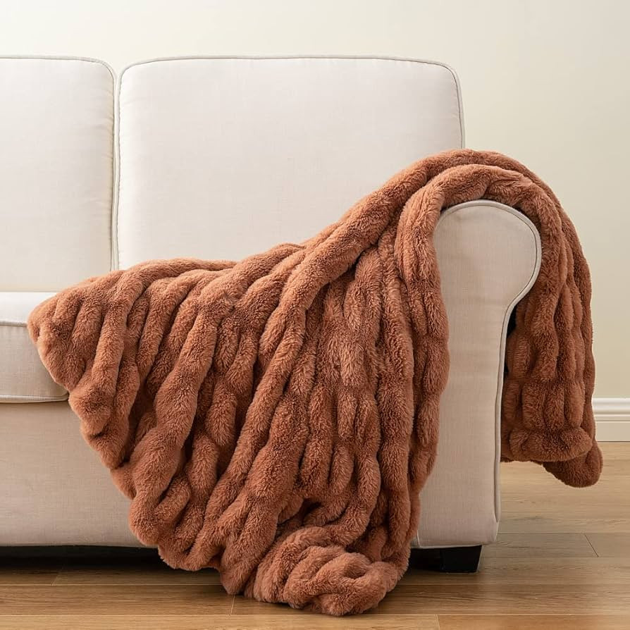 Soft Faux Rabbit Fur Throw Blanket - 50" x 60", Elegant Ruched Design Blanket, Machine Washable a... | Amazon (US)