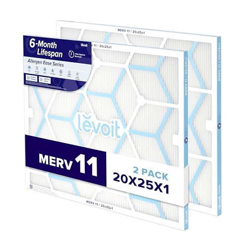 LEVOIT 20x25x1 Air Filter MERV 11, 6-Month Pleated Furnace Filters for Home AC HVAC, High-Efficiency Allergen Defense for Pet, Dust and Smoke, 2 Pack (Actual Size 19.69×24.69×0.79 inches) | Amazon (US)