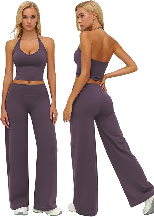 QBGJTD Womens Workout Sets Two Piece Spaghetti Straps Crop Top Matching Straight Leg Pants Gym Wo... | Amazon (US)
